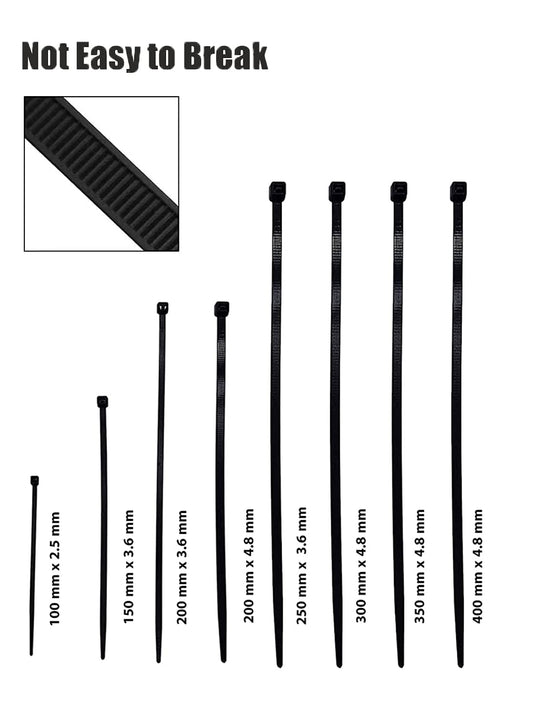 Cable Ties Black Nylon Zip Wire Cable Ties Various Sizes - Pack of 100