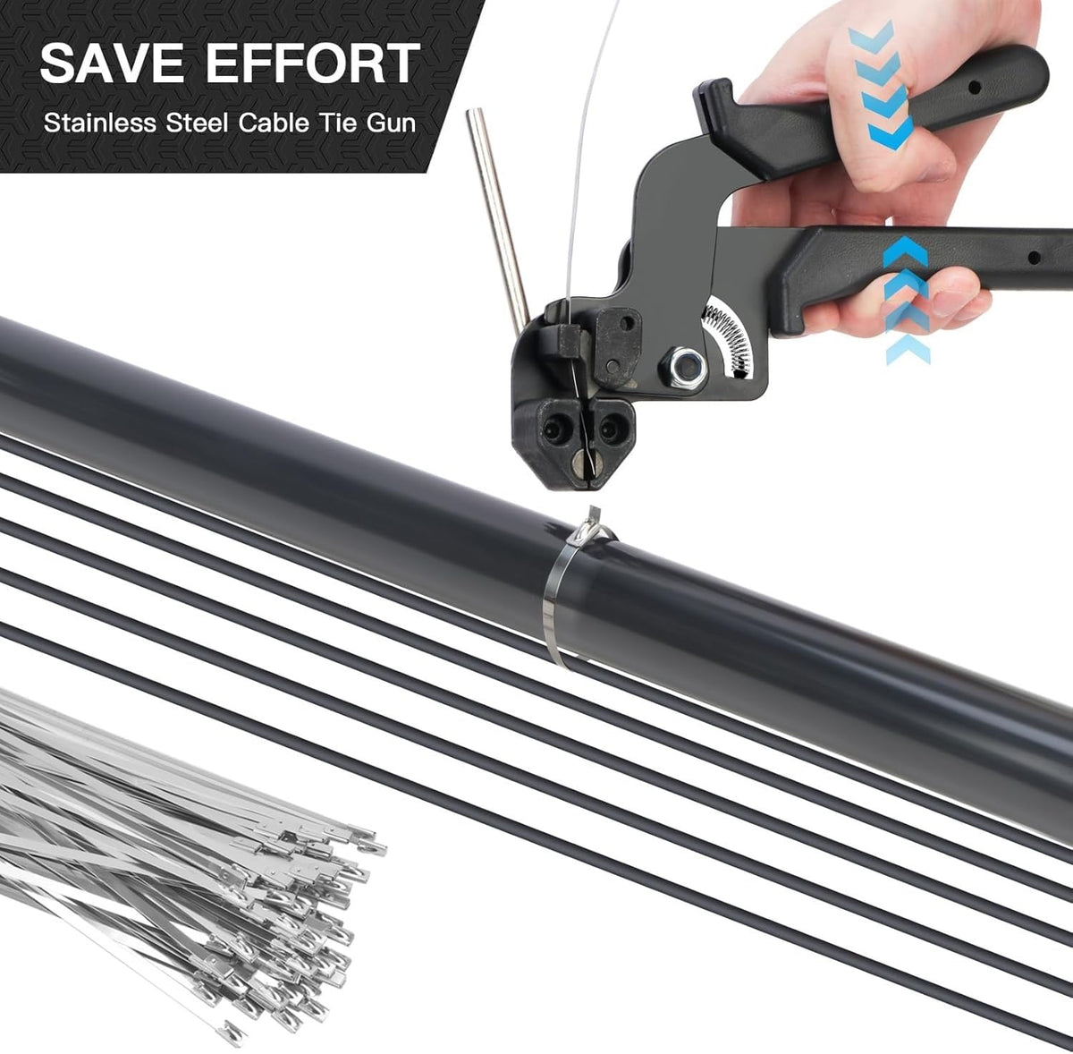 Stainless Steel Cable Tie Gun, Heavy Duty Self-locking Metal Zip Ties Tool Kit for Fastening and Cutting Fence Exhaust Pipe Outdoor